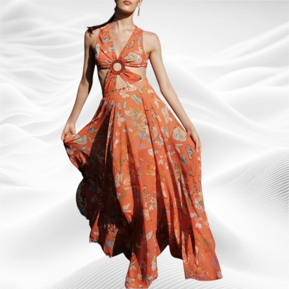 My Beachy Side Butterfly Begonia Cut Out Maxi Dress Romantic Small Orange‎